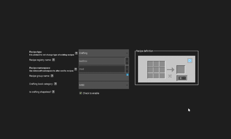 Improved recipe definition UI with support for item dragging in MCreator best Minecraft mod maker