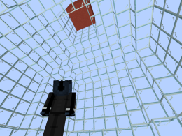 Player looking up inside giant glass bottle made out of blocks in a void.