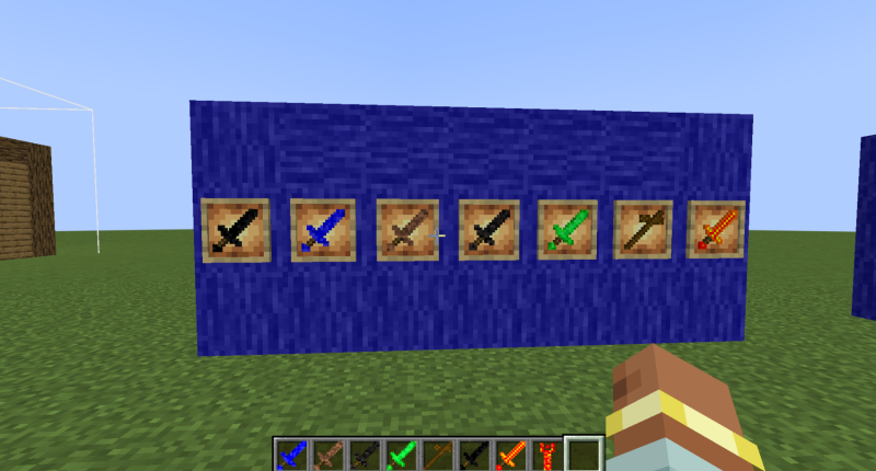 obsidian sword, water sword, dirt sword, cool sword, emerald sword, stick sword and lava sword.  