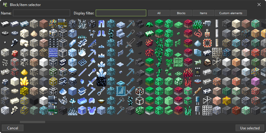 Item and block selector. Supports custom mod elements and sorting.