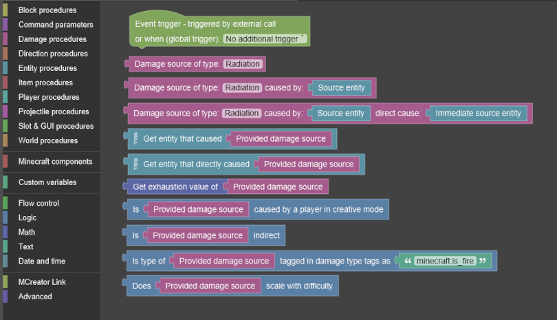 New damage type and damage source related procedure blocks in Blockly MCreator procedure editor