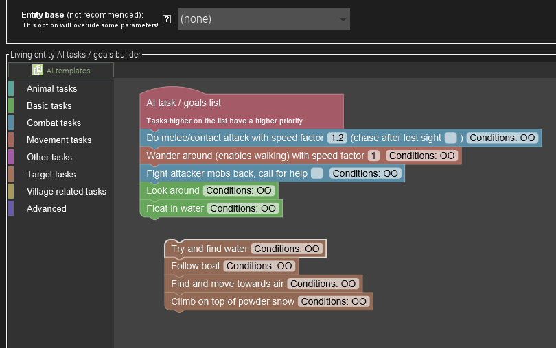 New living entity AI tasks in MCreator Minecraft mod maker