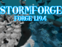 Image shows large blue world similar to the overworld with floating islands, next to a jungle with white grass and massive trees with white leaves.. There is also the title "STORMFORGE" and a subtitle "FORGE 1.19.4".